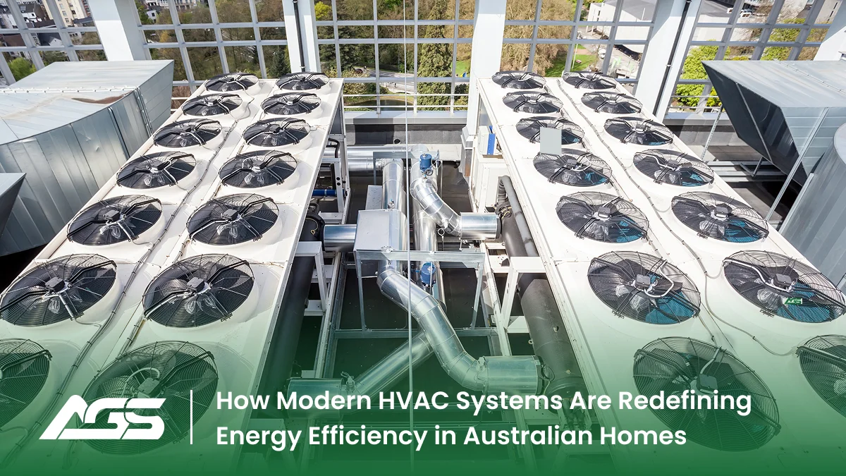 Rooftop HVAC units with rows of fans and metal ducts; overlay text proclaims 'How Modern HVAC Systems Are Redefining Energy Efficiency in Australian Homes'.