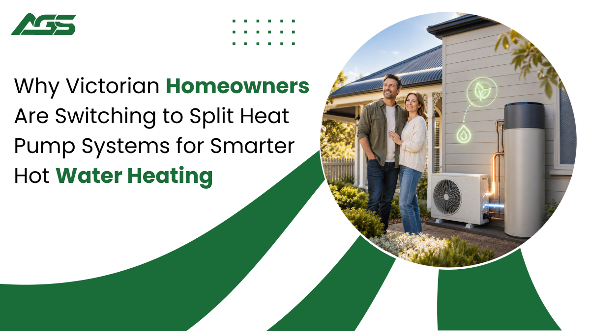 Hero banner: couple outside their home beside a split heat pump system, with the headline about smart hot water heating.